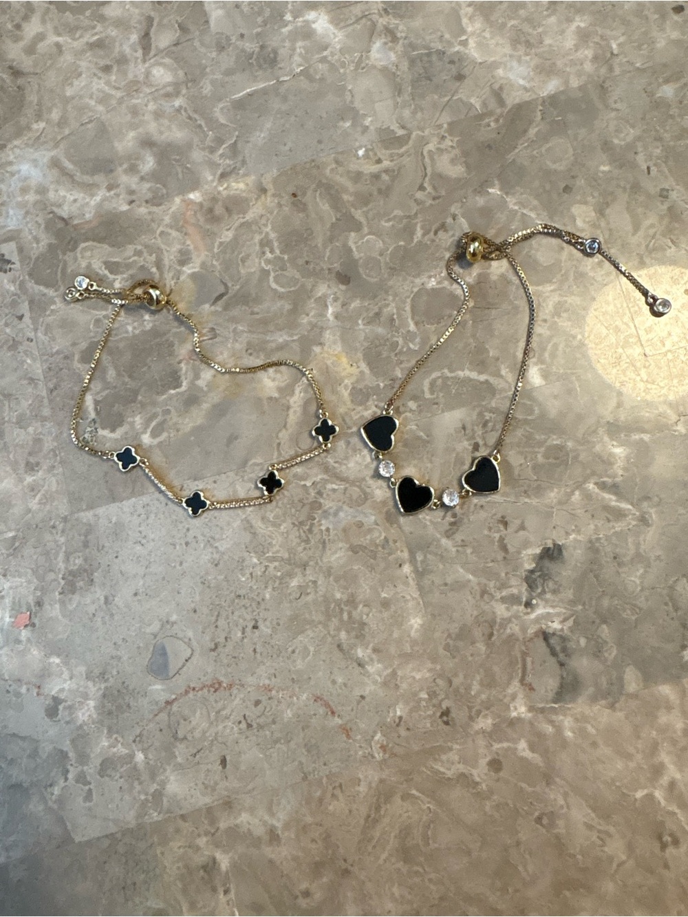 Gold Bracelet Set with Black Enamel Hearts and Clover Accents